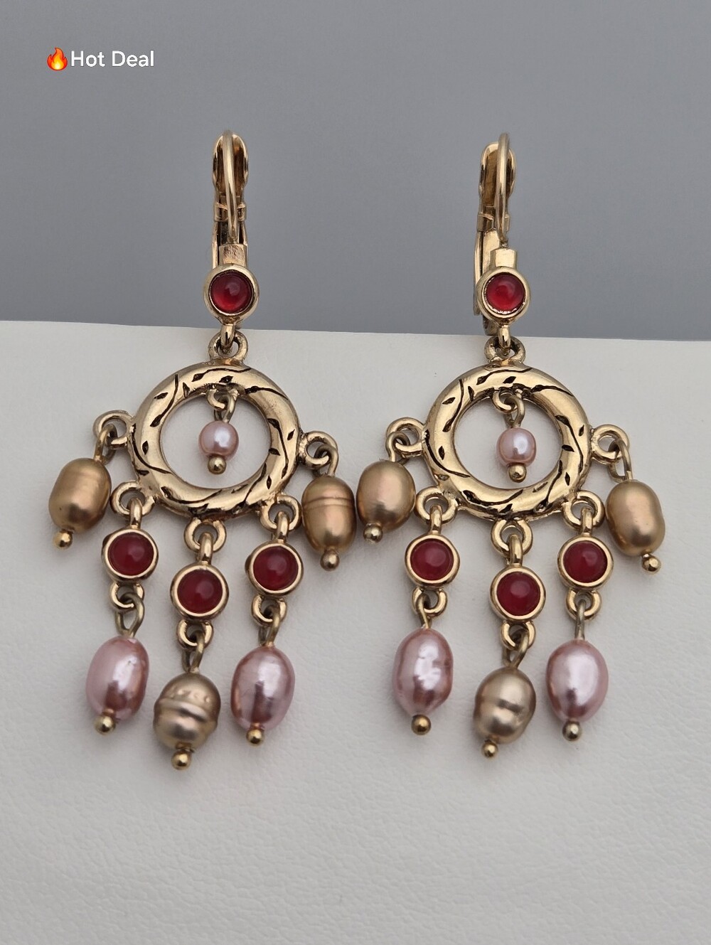 Monet Gold Tone Chandelier Earrings Red Rhinestone Pink Faux Pearl 2" Vintage